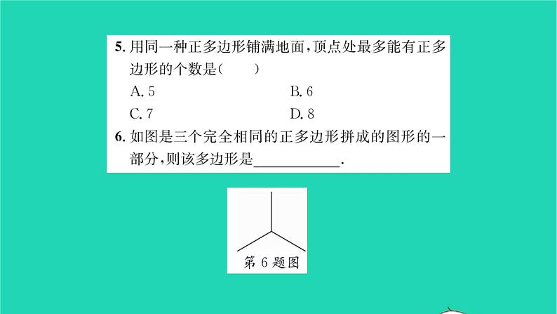 2022七年级数学下册第9章多边形9.3用正多边形铺设地面9.3.1用相同的正多边形习题课件新版华东师大版05