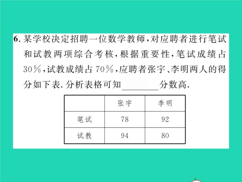 2022八年级数学下册第20章数据的整理与初步处理20.1平均数20.1.3加权平均数习题课件新版华东师大版07