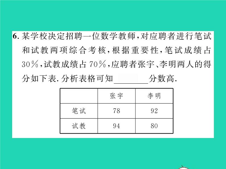 2022八年级数学下册第20章数据的整理与初步处理20.1平均数20.1.3加权平均数习题课件新版华东师大版07