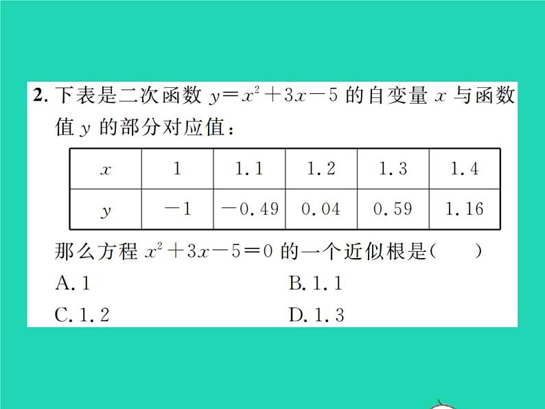 2022九年级数学下册第二章二次函数2.5二次函数与一元二次方程第2课时利用二次函数的图象求一元二次方程的近似根习题课件新版北师大版03