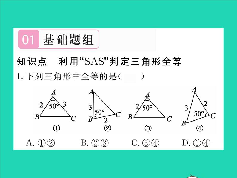 2022七年级数学下册第四章三角形3探索三角形全等的条件第3课时利用SAS判定三角形全等习题课件新版北师大版02