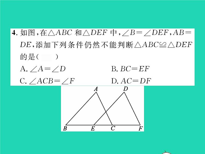 2022七年级数学下册第四章三角形3探索三角形全等的条件第3课时利用SAS判定三角形全等习题课件新版北师大版05