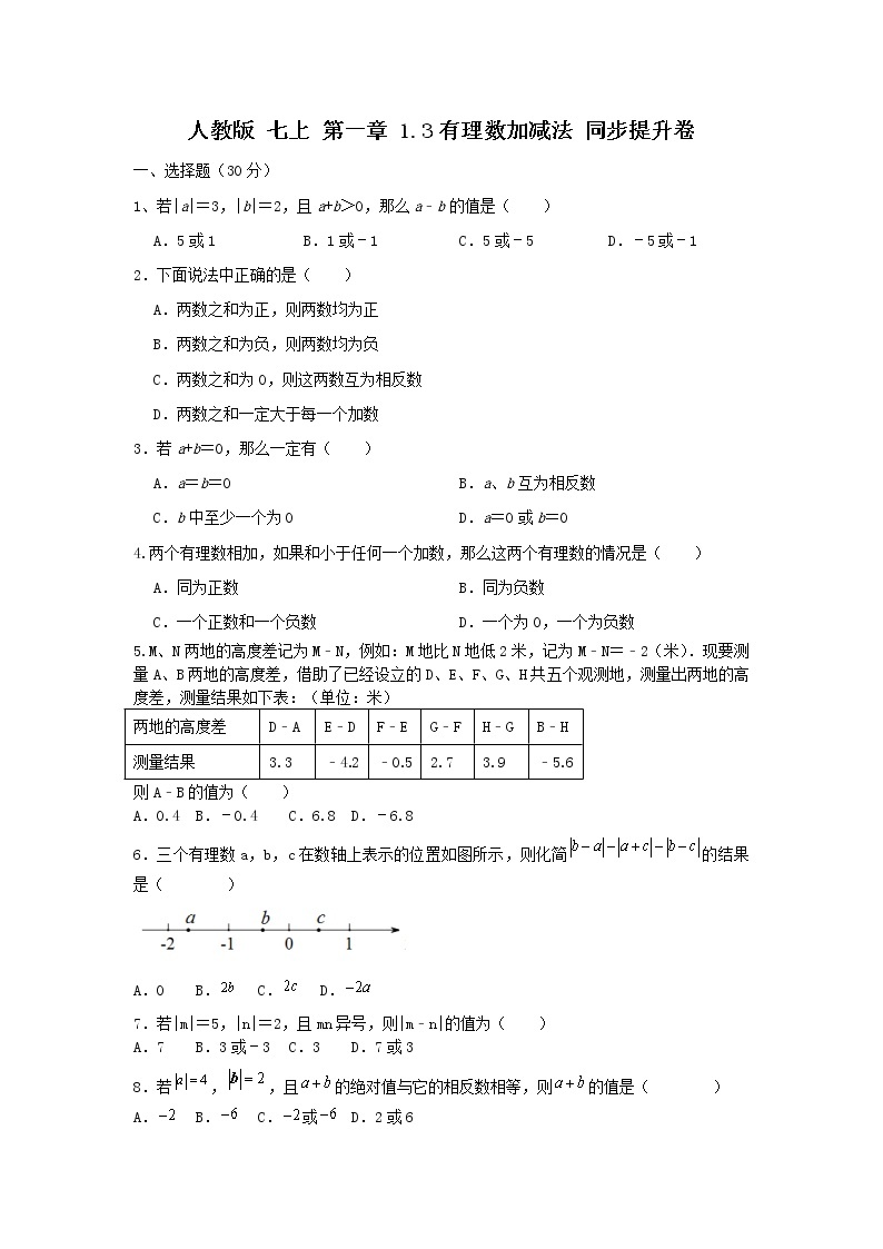 人教版 七上第一章 1.3有理数加减法同步提升卷（原卷+答案）01