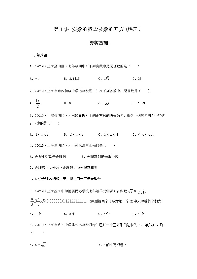 第1讲 实数的概念及数的开方（练习）- 2022年春季七年级数学辅导讲义（沪教版）01