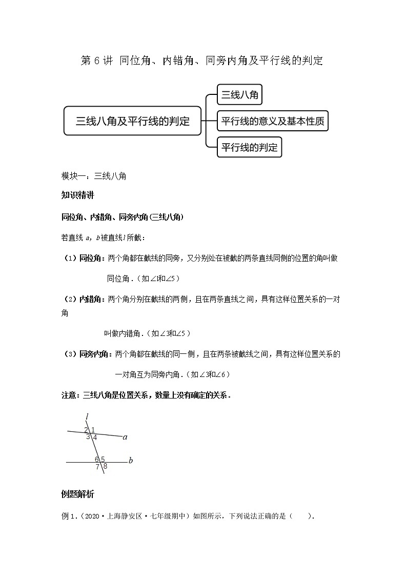 第6讲 同位角、内错角、同旁内角及平行线的判定（讲义）解析版第1页