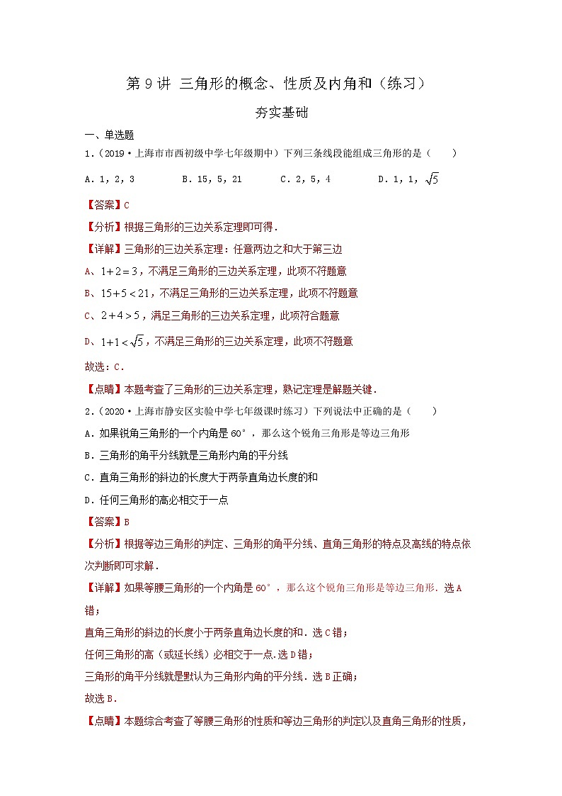 第9讲 三角形的概念、性质及内角和（练习）解析版第1页