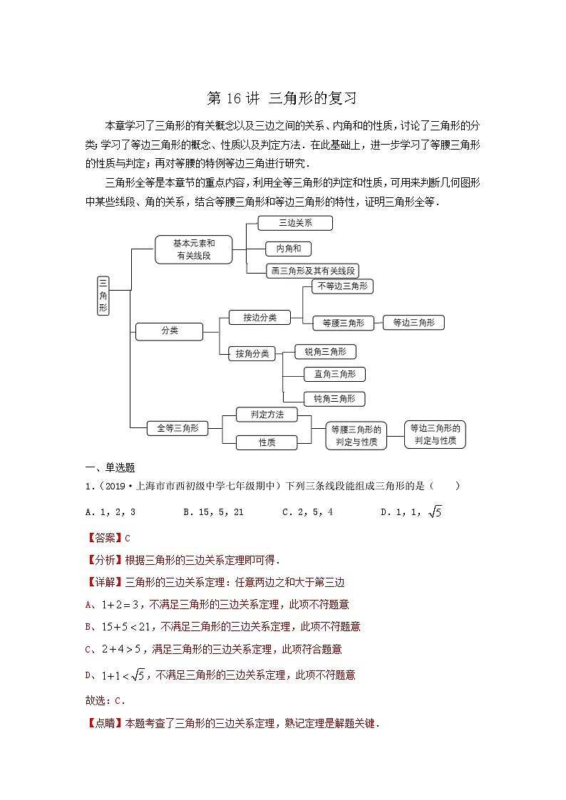 第16讲 三角形的复习（讲义）解析版第1页
