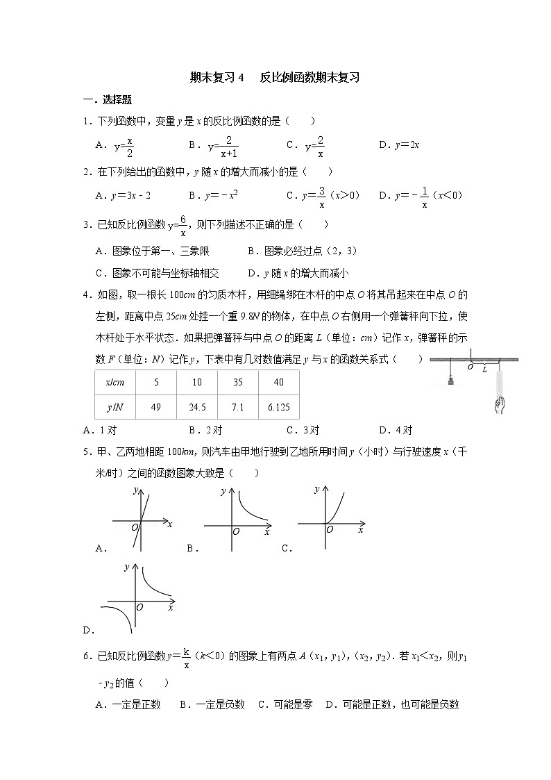 期末复习4 反比例函数期末复习-【专题突破】2022-2023学年八年级数学下学期重难点及章节分类精品讲义(浙教版)01