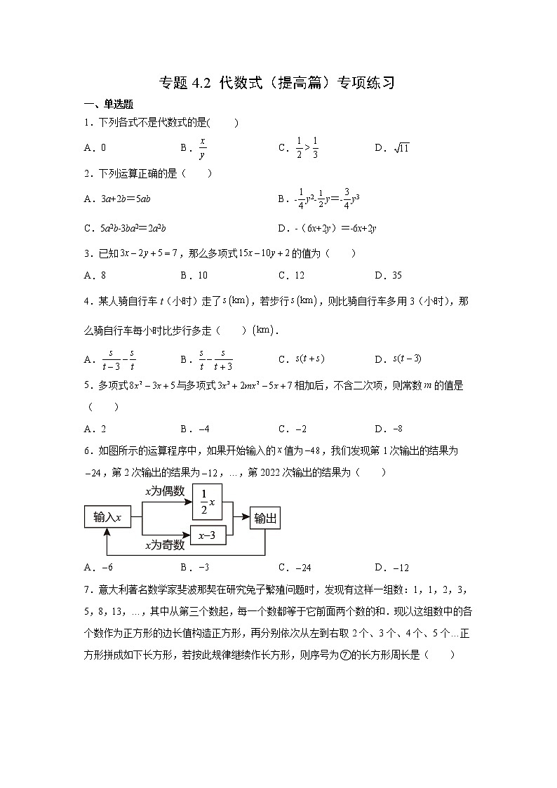 专题4.2 代数式（提高篇）专项练习- 2022-2023学年七年级数学上册阶段性复习精选精练（浙教版）第1页