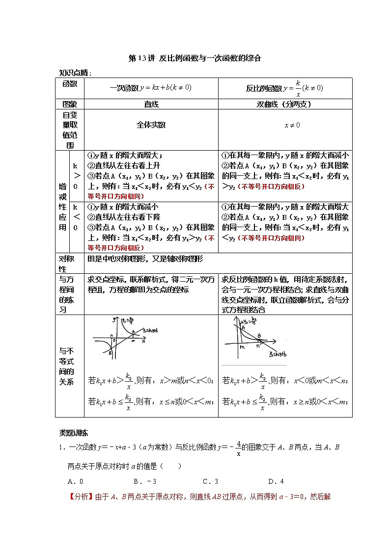 第13讲 反比例函数与一次函数的综合-【专题突破】2022-2023学年八年级数学下学期重难点及章节分类精品讲义(浙教版) (解析版)第1页