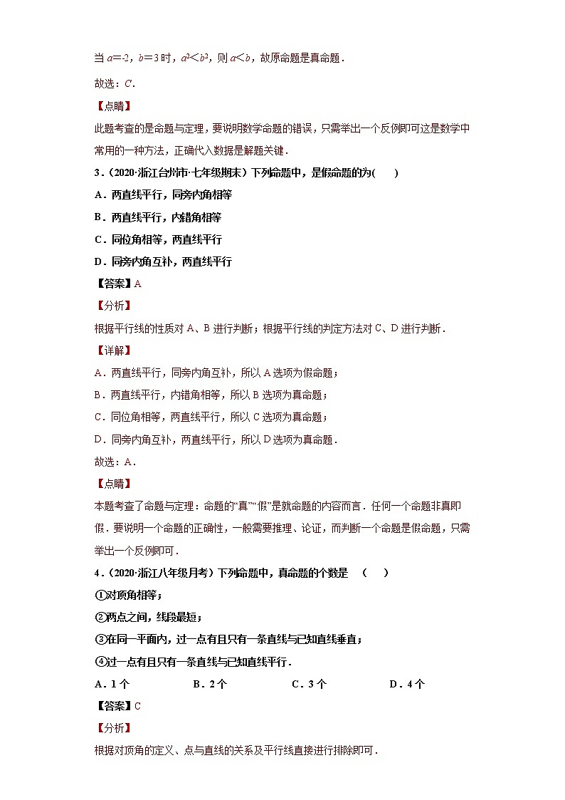 专题02 定义与命题重难点专练- 2022-2023学年八年级上册数学专题训练（浙教版）02