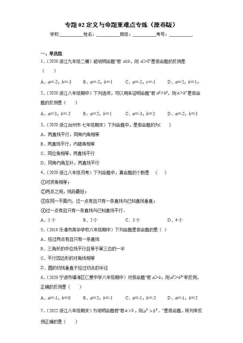 专题02 定义与命题重难点专练- 2022-2023学年八年级上册数学专题训练（浙教版）01