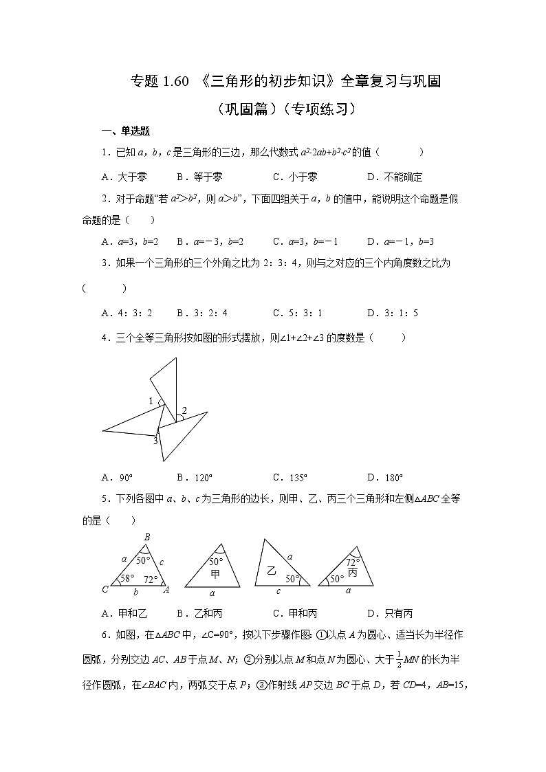 专题1.60 《三角形的初步知识》全章复习与巩固（巩固篇）（专项练习）-2022-2023学年八年级数学上册基础知识专项讲练（浙教版）第1页