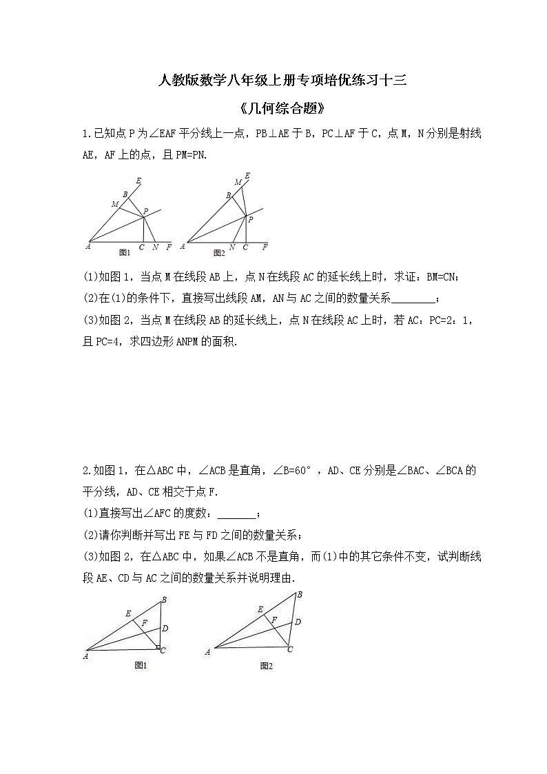 人教版数学八年级上册专项培优练习十三《几何综合题》（含答案）第1页