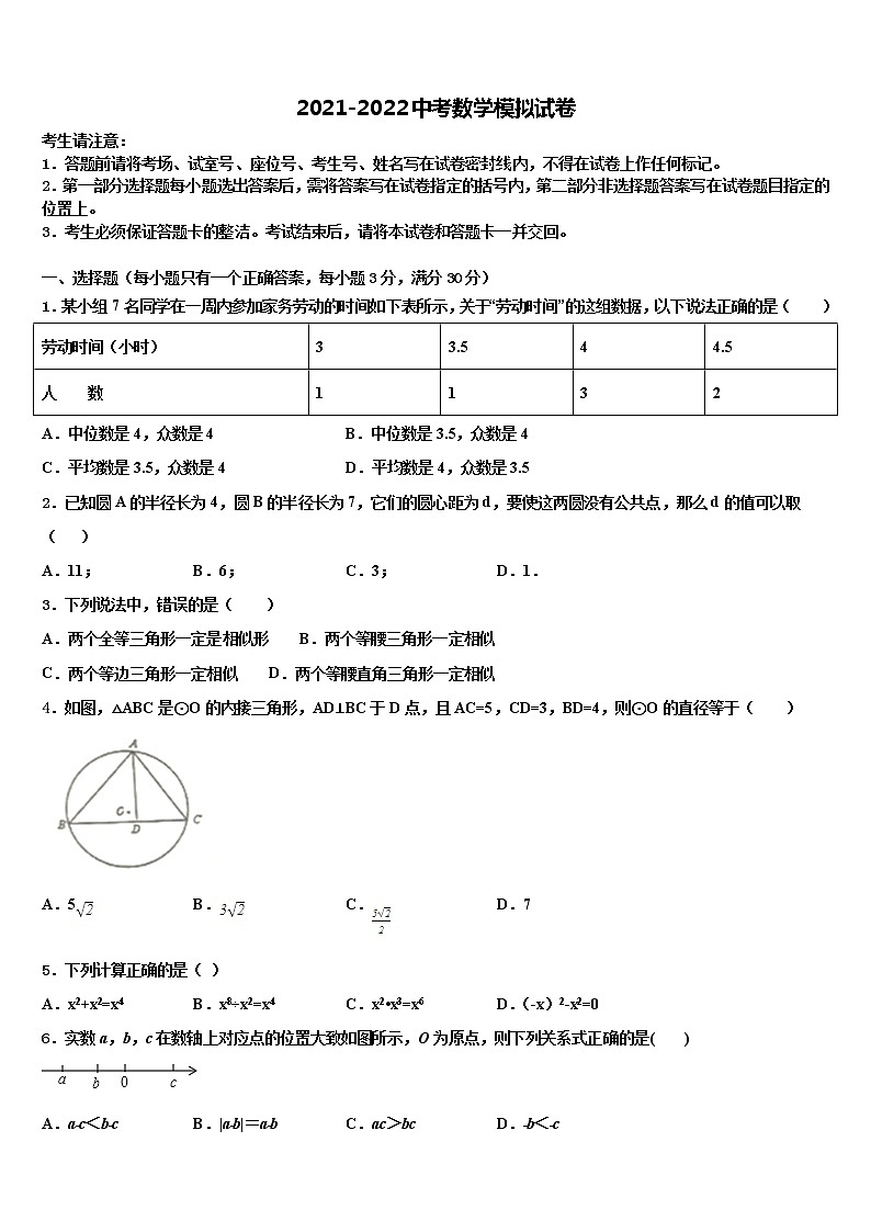 江苏省高邮市南海中学2021-2022学年中考一模数学试题含解析第1页