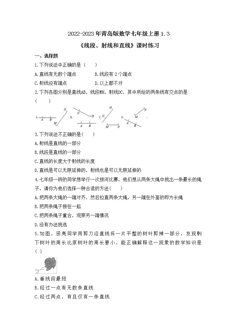 2022-2023年青岛版数学七年级上册1.3《线段、射线和直线》课时练习（含答案）01