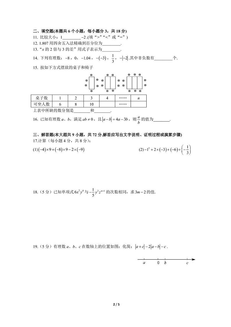 2021-2022-1雅礼七上期中考试数学试卷第2页