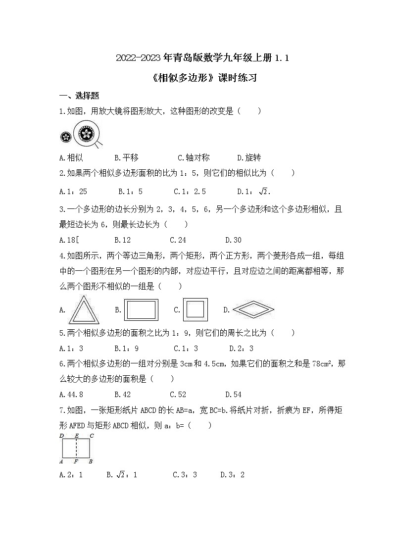 2022-2023年青岛版数学九年级上册1.1《相似多边形》课时练习(含答案)01