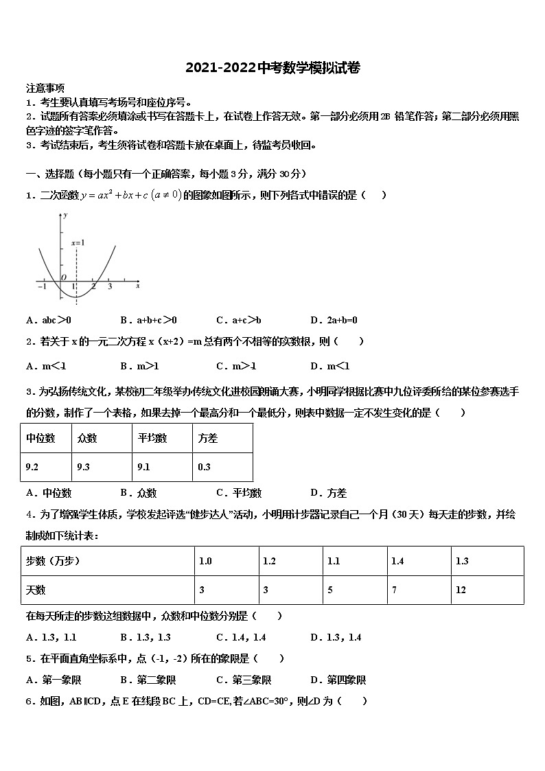 山东省青岛市崂山区重点中学2021-2022学年中考数学最后一模试卷含解析01