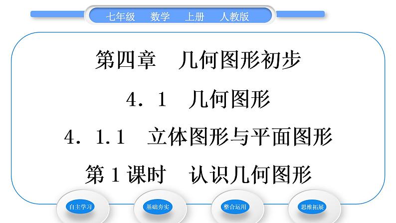 人教版七年级数学上第四章几何图形初步4.1.1 立体图形与平面图形 第1课时　认识几何图形习题课件第1页