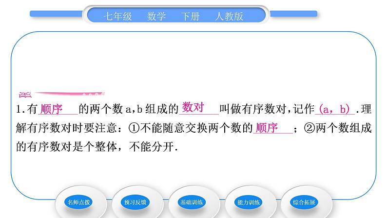 人教版七年级数学下第七章平面直角坐标系7.1.1　有序数对习题课件第4页