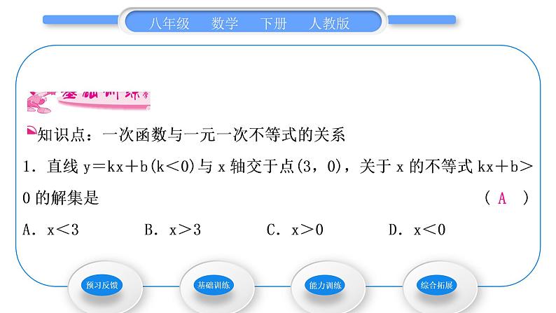 人教版八年级数学下第十九章一次函数19.2.3第2课时　一次函数与一元一次不等式的关系习题课件第3页