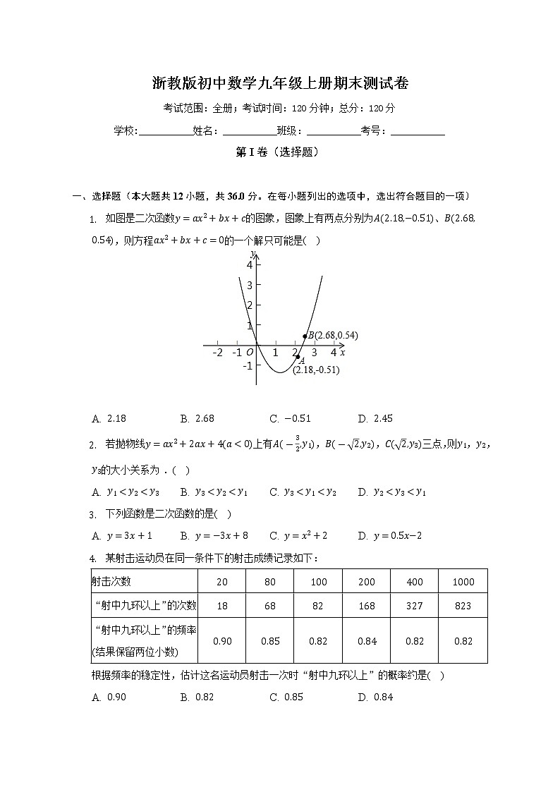 浙教版初中数学九年级上册期末测试卷（较易）（含答案解析）01
