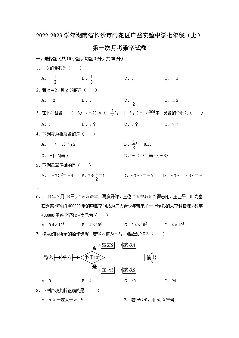 2022-2023学年湖南省长沙市雨花区广益实验中学七年级（上）第一次月考数学试卷第1页