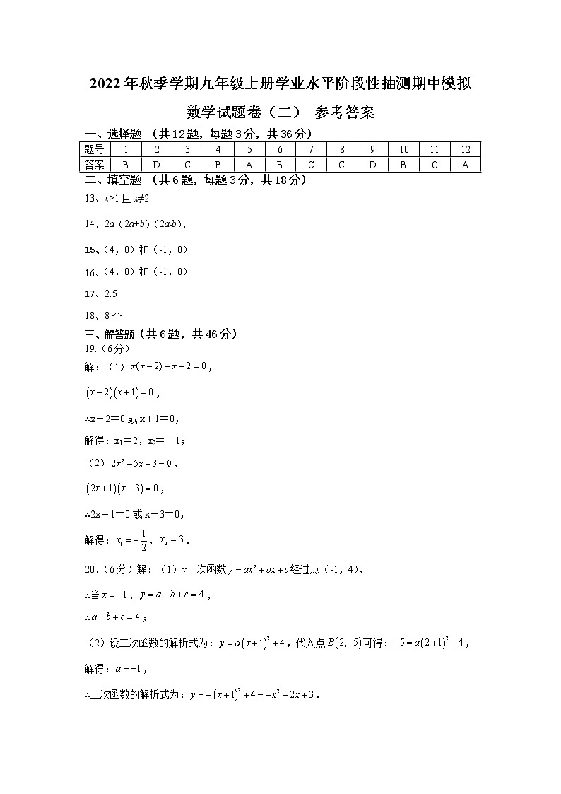 2022年秋季学期九年级上册学业水平阶段性抽测期中模拟数学试题卷（二）01
