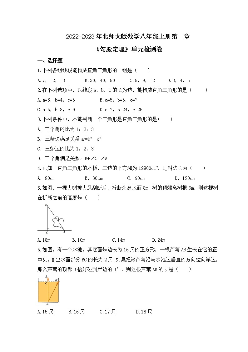 2022-2023年北师大版数学八年级上册第一章《勾股定理》单元检测卷(含答案)01