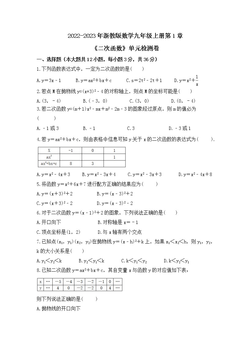 2022-2023年浙教版数学九年级上册第1章《二次函数》单元检测卷(含答案)01