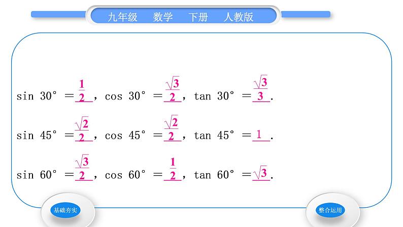 人教版九年级数学下第二十八章锐角三角函数28.1锐角三角函数第3课时　特殊角的三角函数值习题课件02