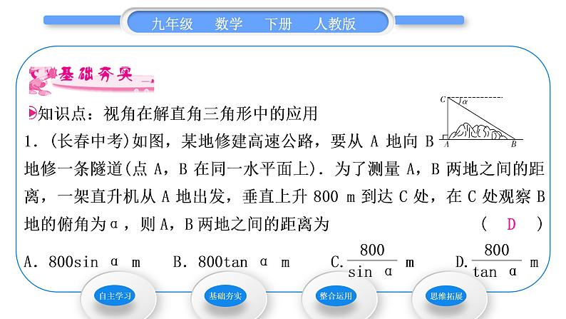 人教版九年级数学下第二十八章锐角三角函数28.2.2应用举例第2课时　与视角有关的解直角三角形的应用习题课件05