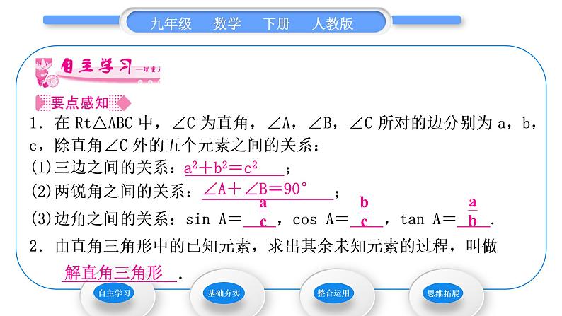 人教版九年级数学下第二十八章锐角三角函数28.2解直角三角形及其应用28.2.1　解直角三角形习题课件第2页