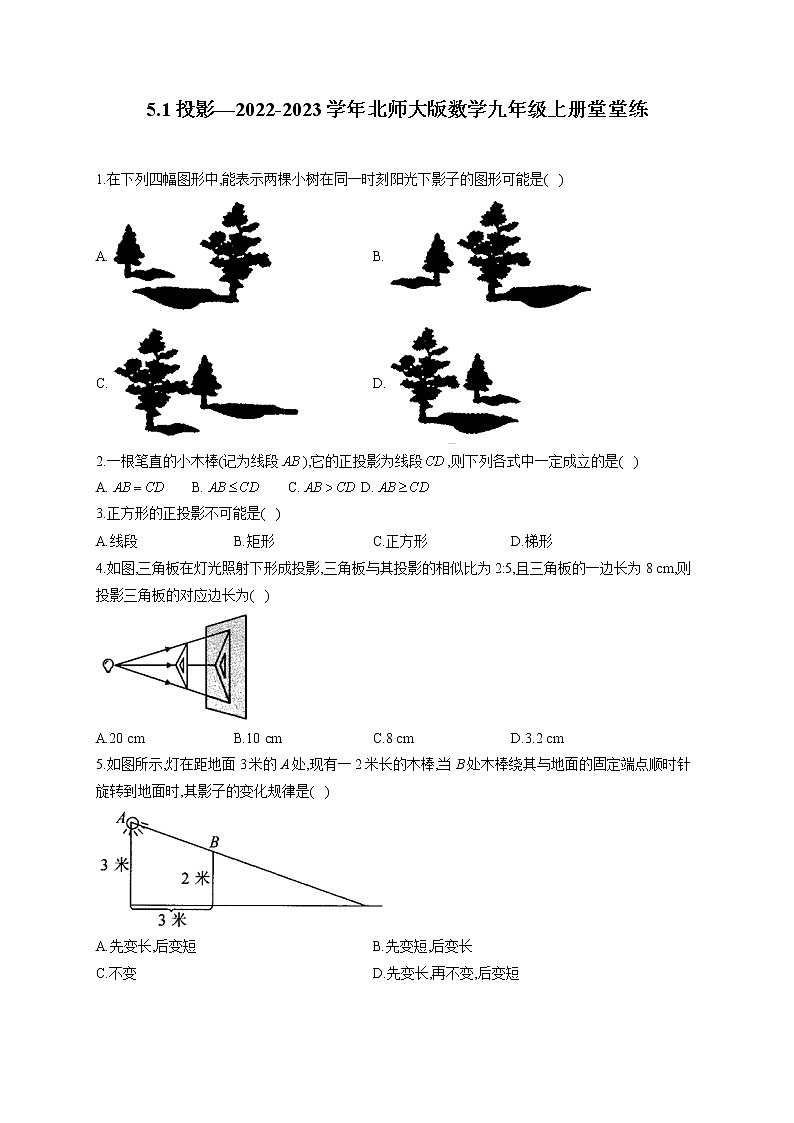 5.1 投影 2022-2023学年北师大版数学九年级上册堂堂练(含答案)第1页
