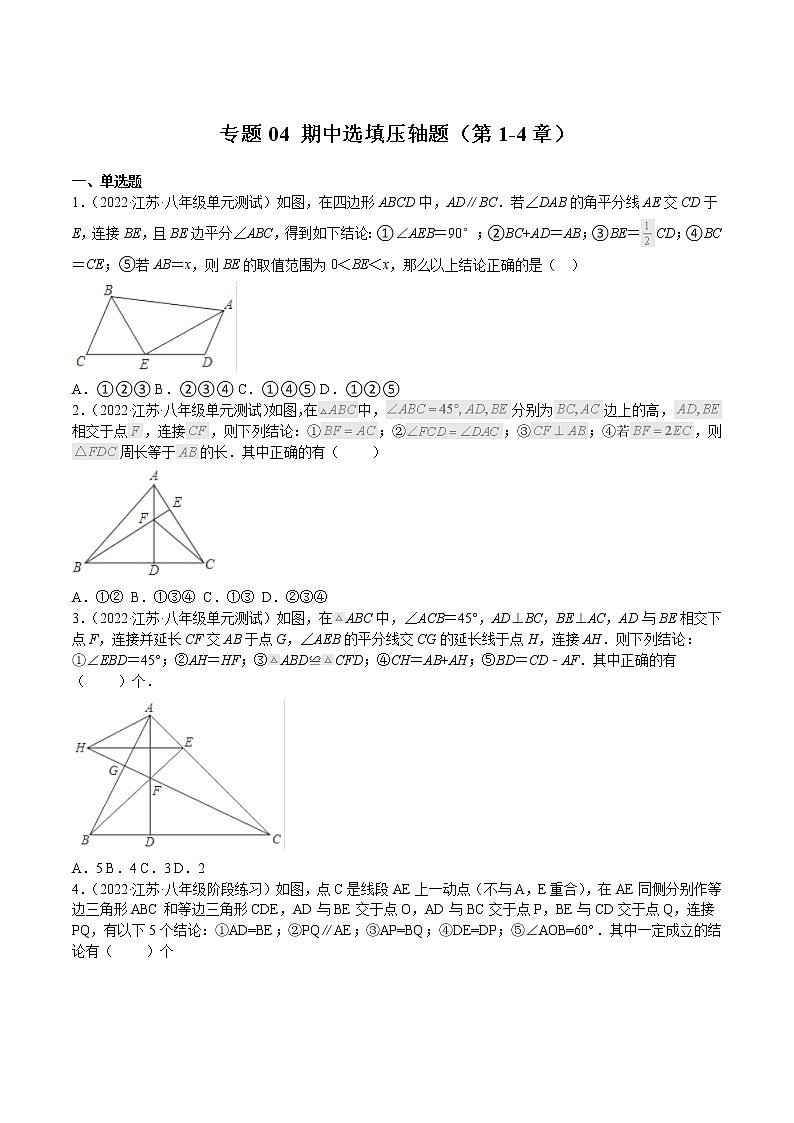 2022-2023学年八年级数学上学期期中分类复习专题04 期中选填压轴题（含答案解析）第1页