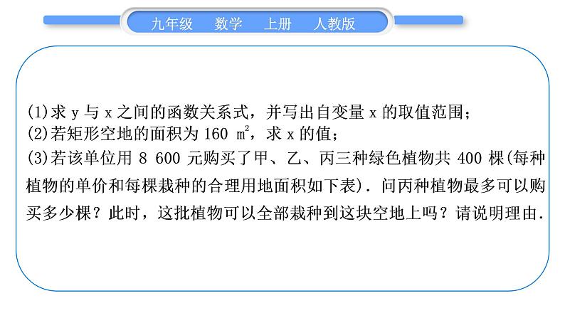 人教版九年级数学上第二十二章二次函数基本功强化训练(五)　二次函数的实际应用习题课件03