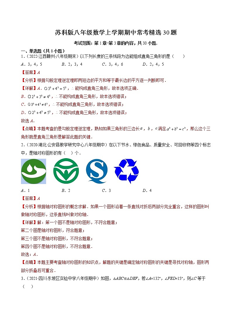 苏科版八年级数学上学期期中常考精选30题-2022-2023学年八年级数学上学期期中期末考点大串讲（苏科版）01