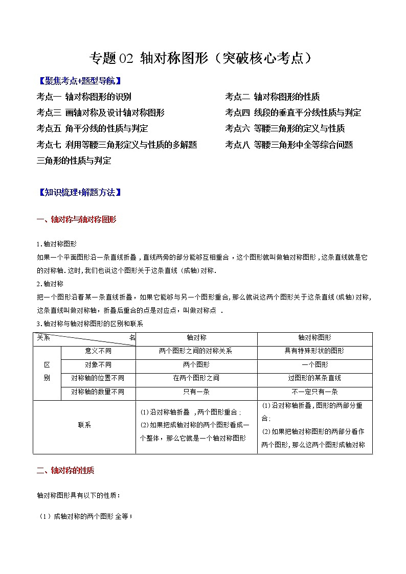 专题02 轴对称图形突破核心考点【知识梳理+解题方法+专题过关】-2022-2023学年八年级数学上学期期中期末考点大串讲（苏科版）01