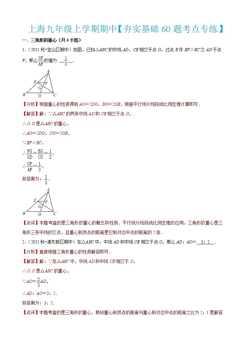 上海九年级上学期期中【夯实基础60题考点专练】-2022-2023学年九年级数学上学期期中期末考点大串讲（沪教版）01