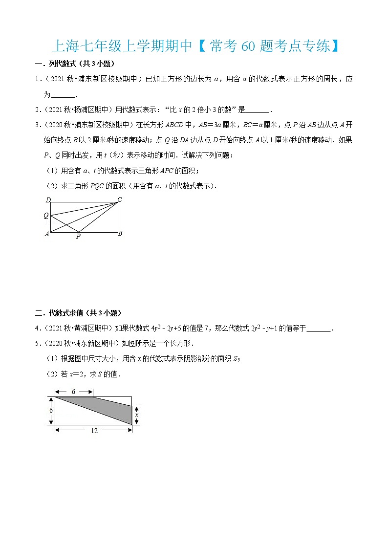 上海七年级上学期期中【常考60题考点专练】-2022-2023学年七年级数学上学期期中期末考点大串讲（沪教版） (2)01