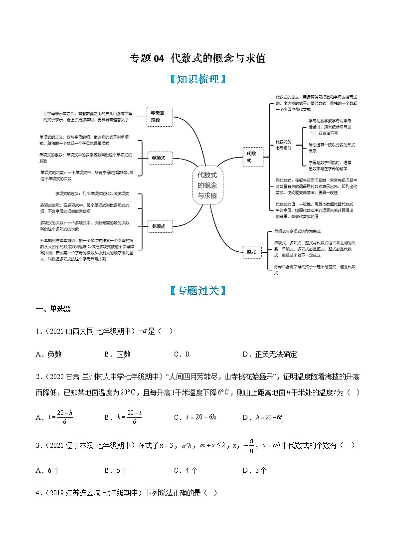 专题04 代数式的概念与求值（知识梳理+专题过关）（原卷版）第1页