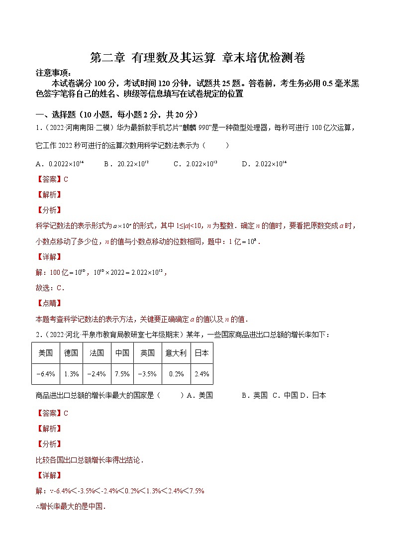 【培优分级练】北师大版数学七年级上册 第二章《有理数及其运算》章末培优检测卷（含解析）01
