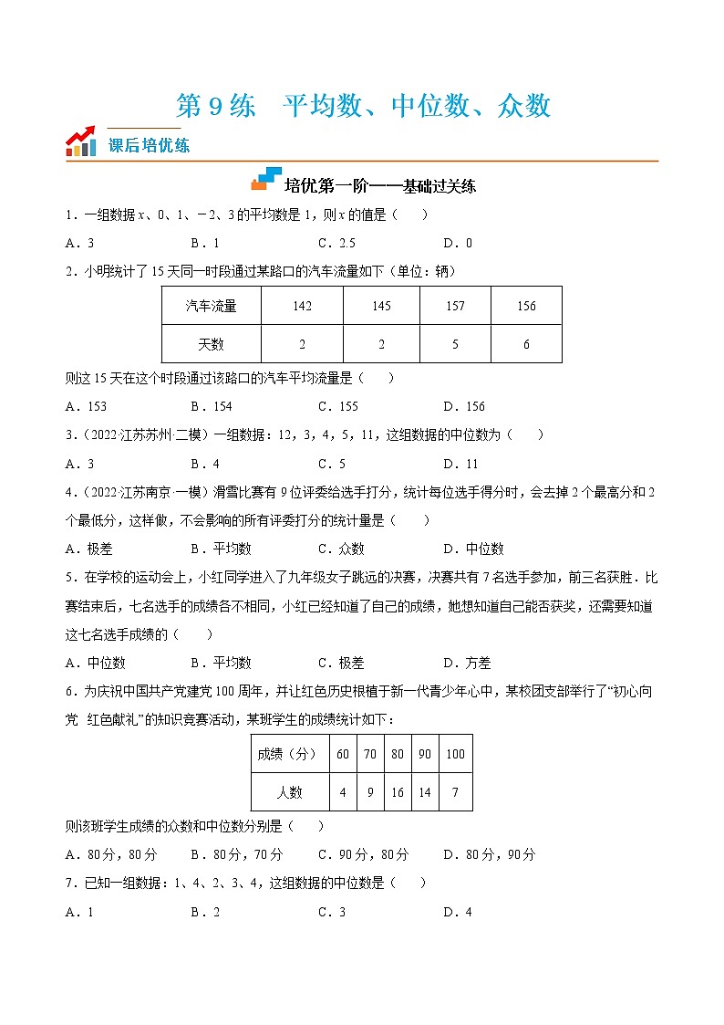 【培优分级练】苏科版数学九年级上册 第9练《平均数、中位数、众数》培优分阶练（原卷版）第1页
