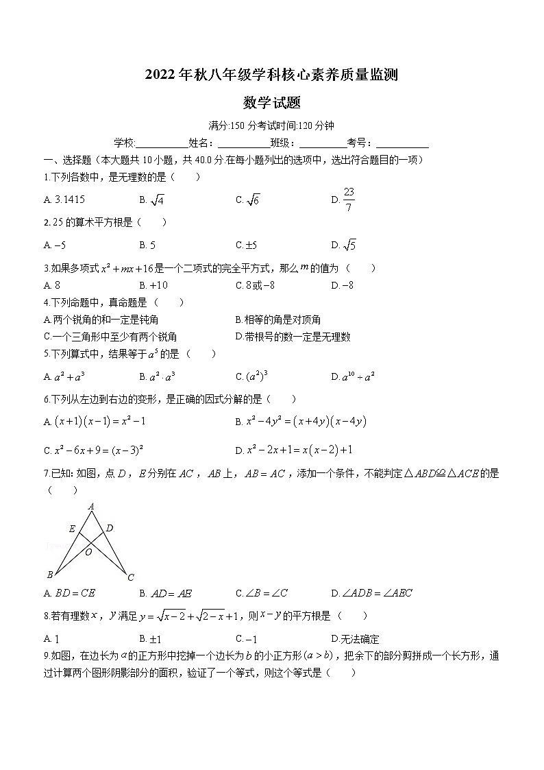 福建省永春县侨中片区学校联考2022-2023学年八年级上学期期中核心素养质量监测数学试题(含答案)第1页