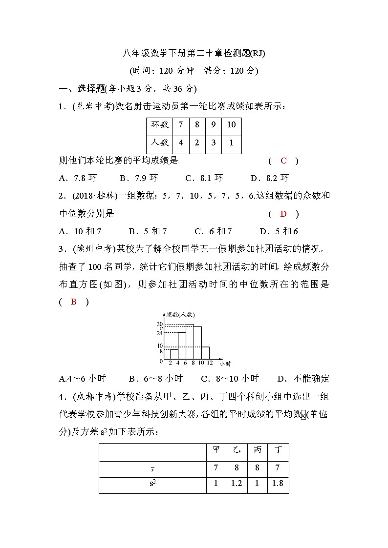 人教版八年级数学下册第二十章检测题(word,版，含答案)第1页