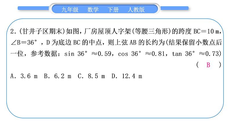 人教版九年级下周周测(六)(28.2)习题课件03