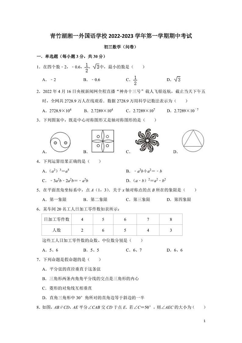 青竹湖湘一外国语学校 2022-2023 学年九年级第一学期期中考试数学试卷第1页