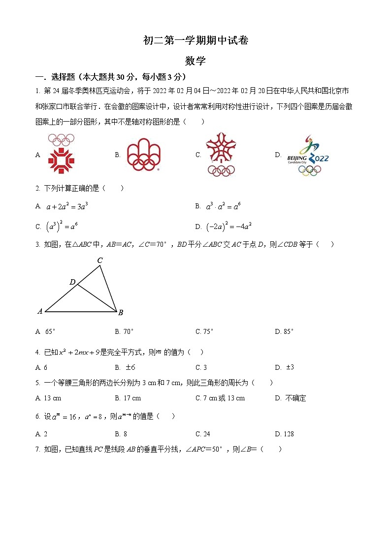 北京清华大学附属中学2022—2023学年八年级上学期期中考试数学试卷(含答案)第1页