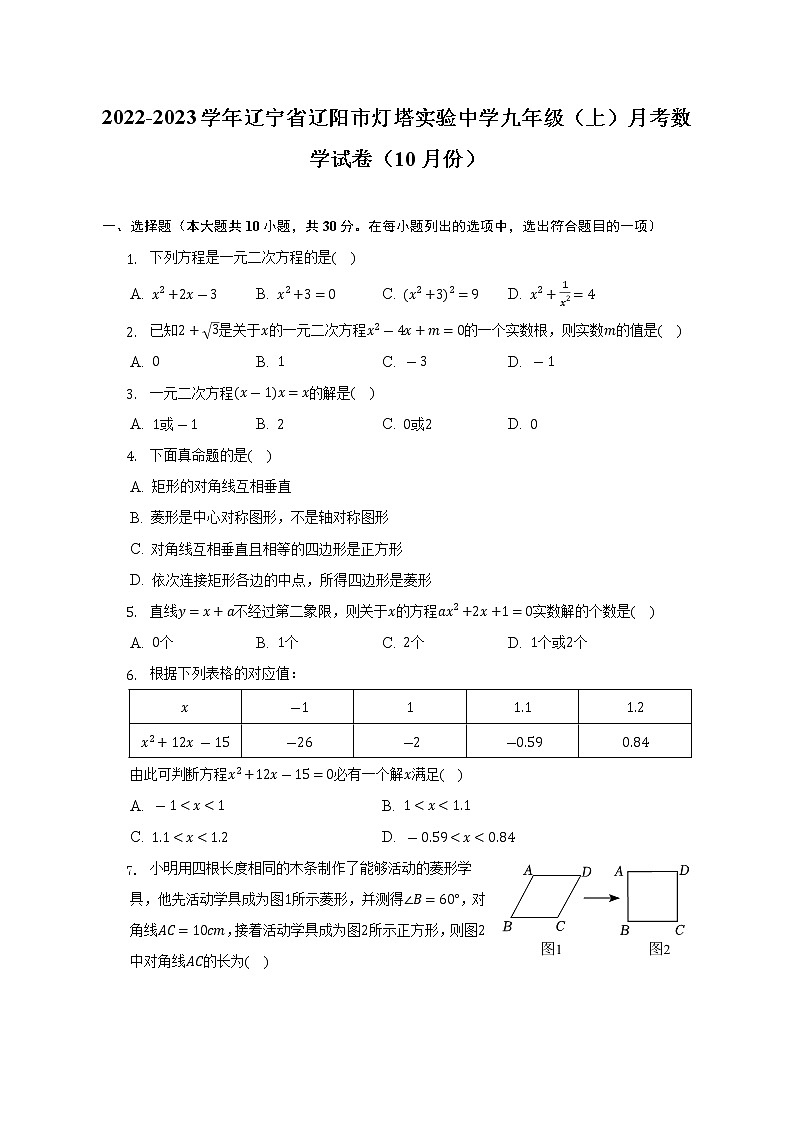 2022-2023学年辽宁省辽阳市灯塔实验中学九年级（上）月考数学试卷（10月份）（含解析）第1页
